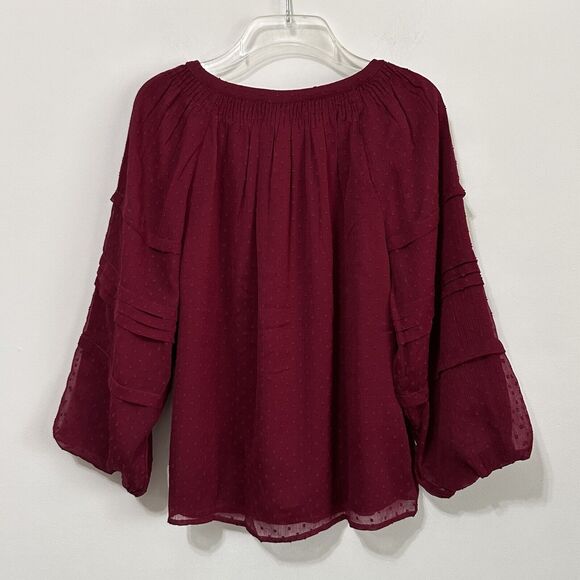 Loft Blouse Clip Dot Balloon 3/4 Sleeve S Maroon Trendy Popover Casual NEW - Picture 10 of 11